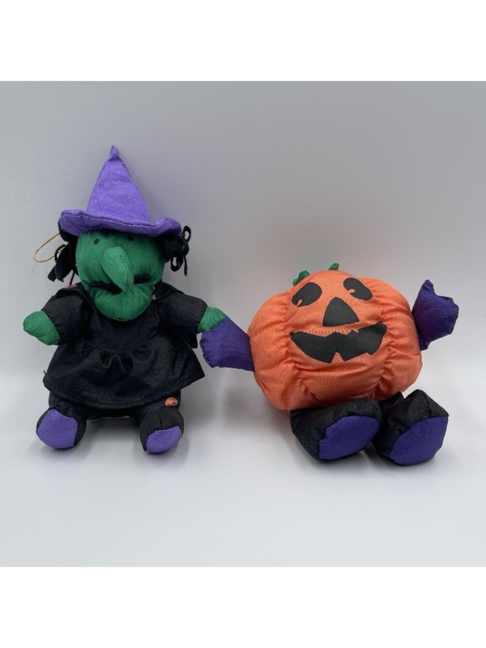 Vintage Parachute Plush Halloween Jack O Lantern Smiling Pumpkin & Witch 90s
